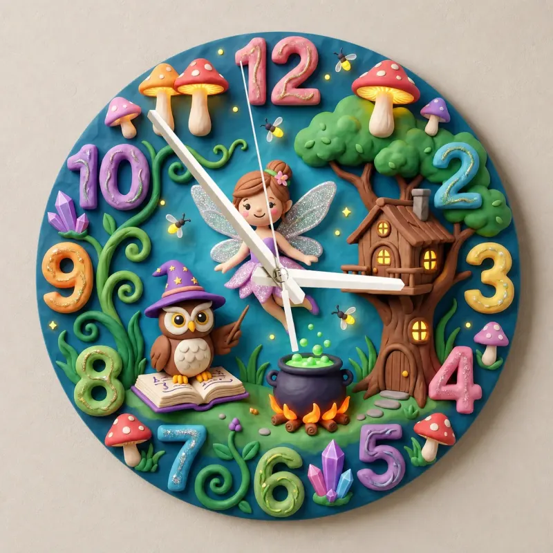 Enchanted Fairy & Wizard Owl Kids Room Wall Clock | Magical Forest Nursery Decor, Whimsical Baby Girl Bedroom Gift (13.6 inch / 34.5 cm)