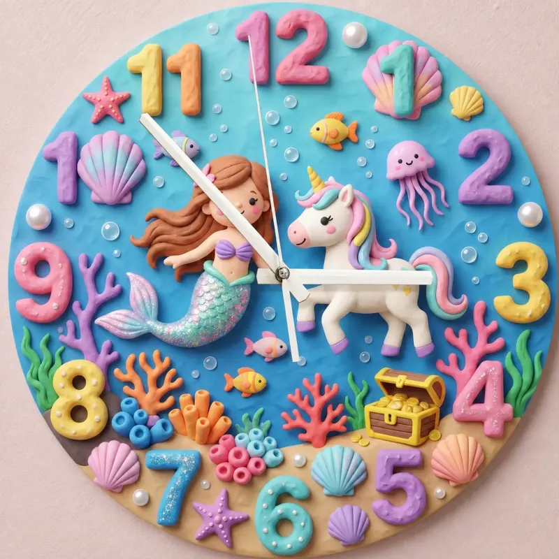 Mermaid & Sea Unicorn Kids Room Wall Clock | Magical Underwater Ocean Nursery Wall Decor, Little Girl Bedroom Gift (13.6 inch / 34.5 cm)