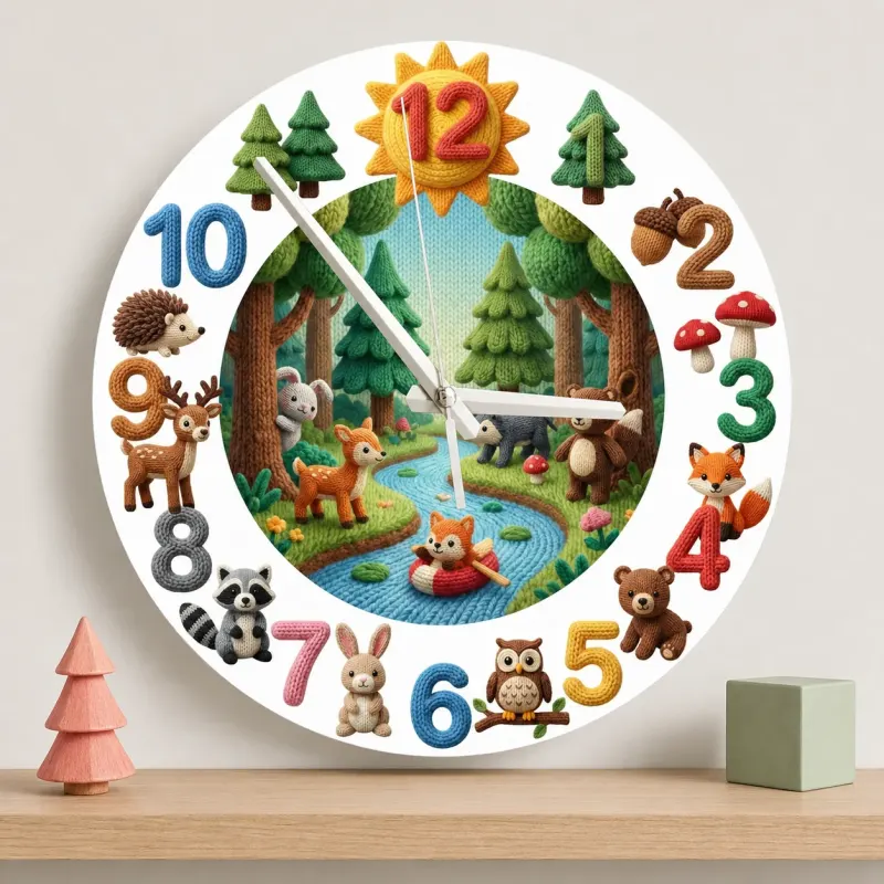 Knitted Style Woodland Forest Animals Kids Room Wall Clock | Cozy Nursery Decor, Memorable Baby Shower Gift Keepsake (13.6 inch / 34.5 cm)