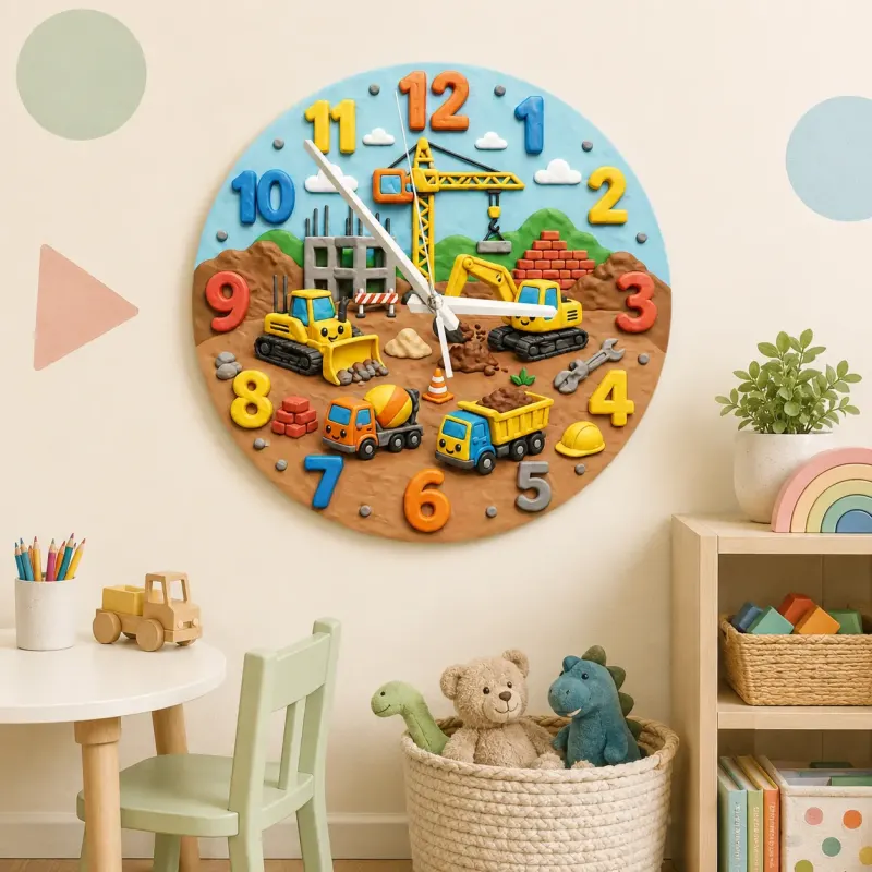 Construction Vehicles Kids Room Wall Clock | Little Boys Bedroom Decor, Playroom Nursery Art & Baby Shower Gift Idea (13.6 inch / 34.5 cm)
