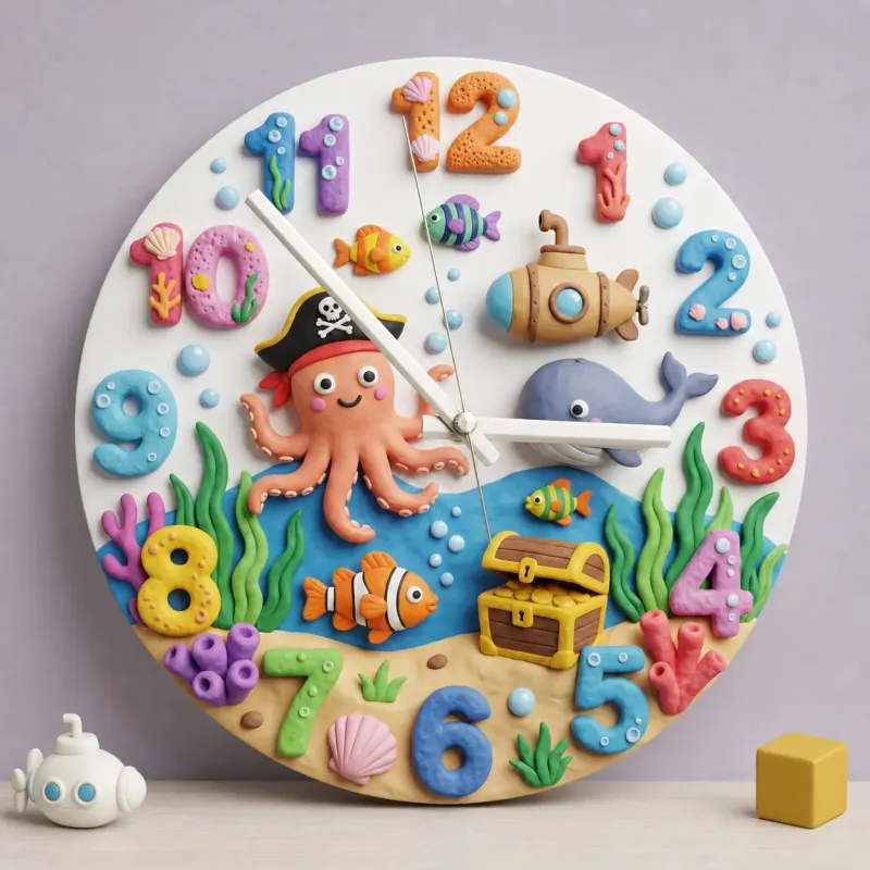 Pirate Octopus Ocean Kids Room Wall Clock | Under The Sea Nursery Decor, Marine Life Theme Baby Boy Birthday Gift (13.6 inch / 34.5 cm)