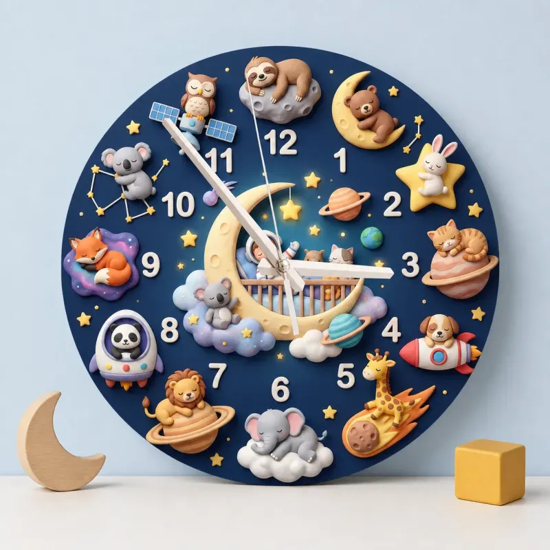 Space Animals & Planets Kids Room Wall Clock | Whimsical Night Sky Nursery Decor, Baby Shower And Birthday Present (13.6 inch / 34.5 cm)