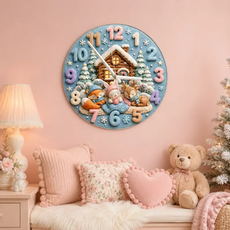 Cozy Winter Woodland Animals Kids Room Wall Clock | Snowy Cabin Nursery Decor, Baby Shower Gift For Girls And Boys (13.6 inch / 34.5 cm)