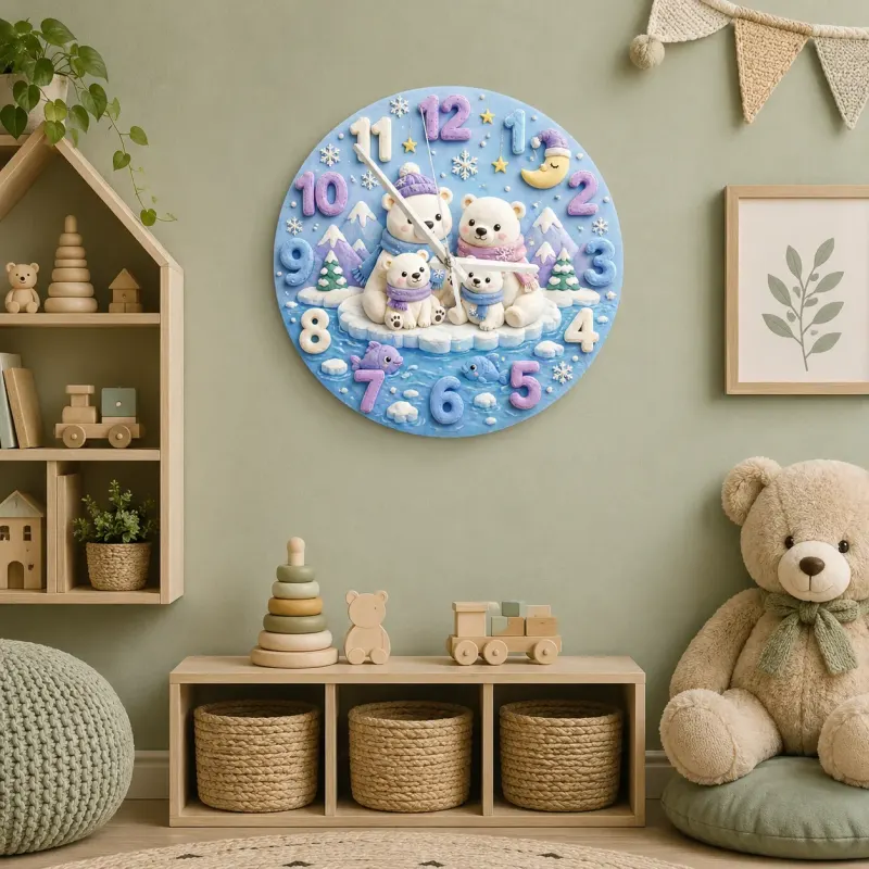 Polar Bear Family Kids Room Wall Clock | Arctic Winter Wonderland Nursery Decor, Cute Baby Shower Gift For Newborn (13.6 inch / 34.5 cm)