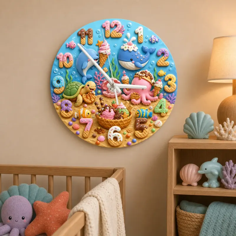 Ocean Animals Dessert Kids Room Wall Clock | Under The Sea Nursery Decor, Baby Boy Girl Birthday Gift (13.6 inch / 34.5 cm)