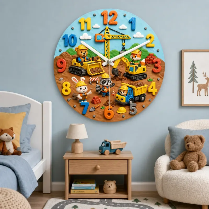 Construction Animals Kids Room Wall Clock | Little Builder Nursery Decor, Baby Boy Bedroom Makeover Birthday Gift (13.6 inch / 34.5 cm)