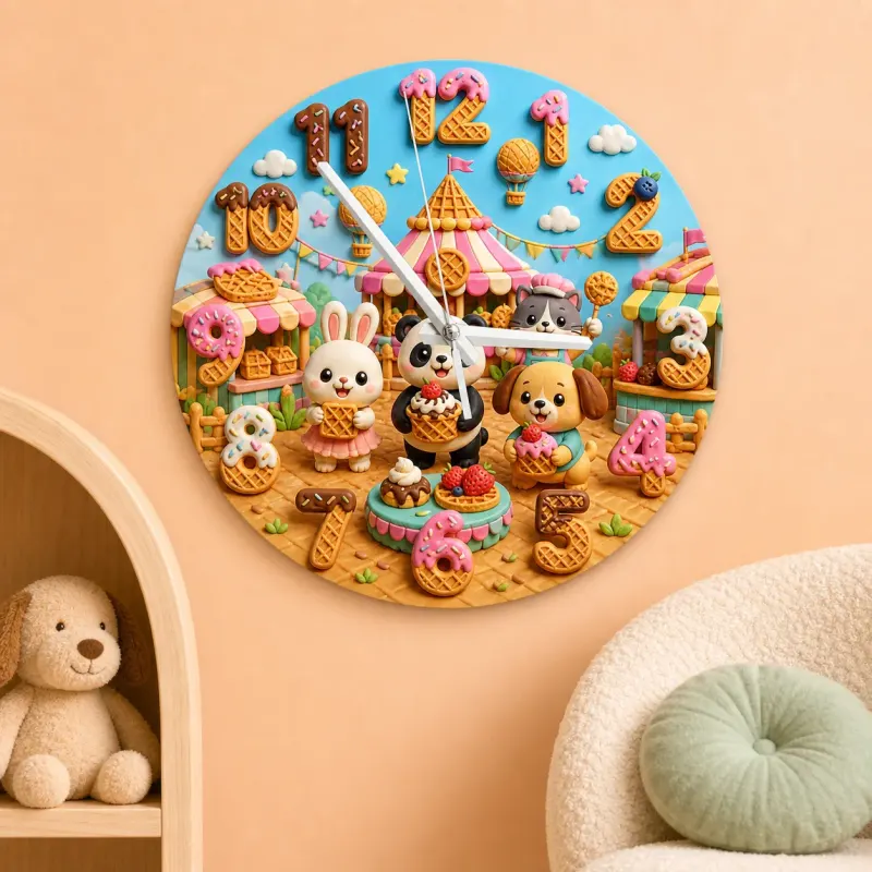 Puppy Bunny Ice Cream Kids Room Wall Clock | Pet Nursery Decor, Sweet Birthday Gift For Girls Boys (13.6 inch / 34.5 cm)