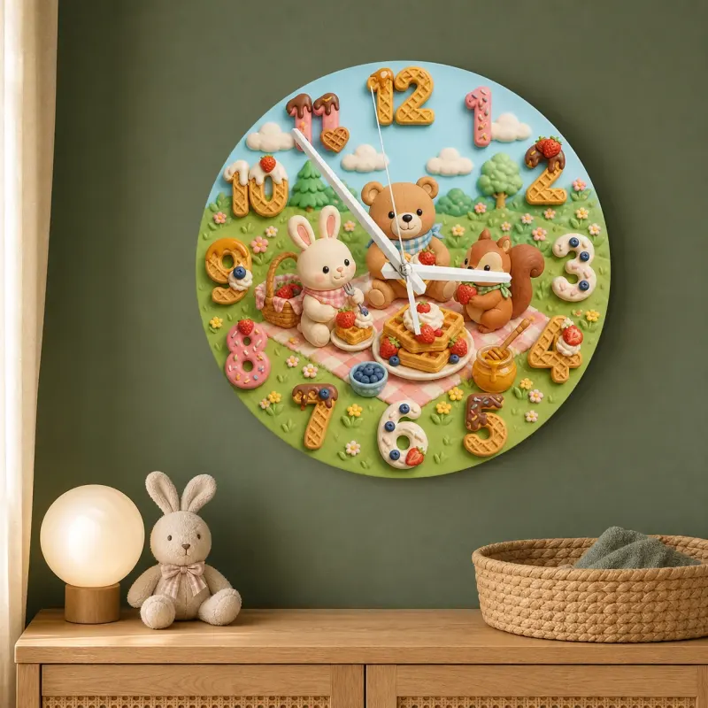 Woodland Animal Waffle Kids Room Wall Clock | Forest Picnic Nursery Decor, Baby Shower Birthday Gift (13.6 inch / 34.5 cm)