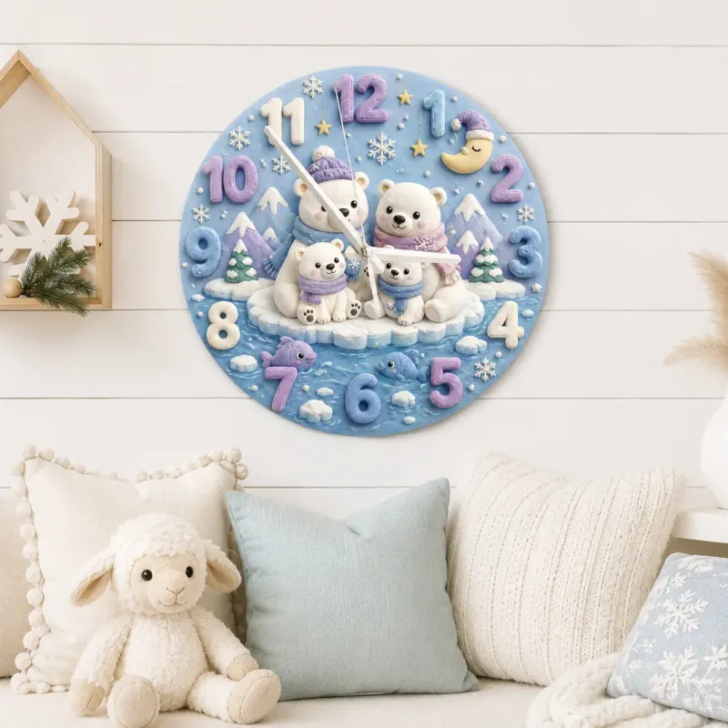 Polar Bear Family Kids Room Wall Clock | Arctic Winter Wonderland Nursery Decor, Cute Baby Shower Gift For Newborn (13.6 inch / 34.5 cm)