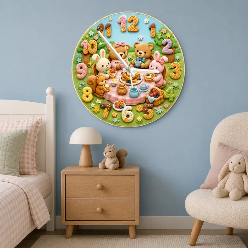 Woodland Tea Party Kids Room Wall Clock | Bunny Bear Nursery Decor, Sweet Baby Shower Birthday Gift (13.6 inch / 34.5 cm)