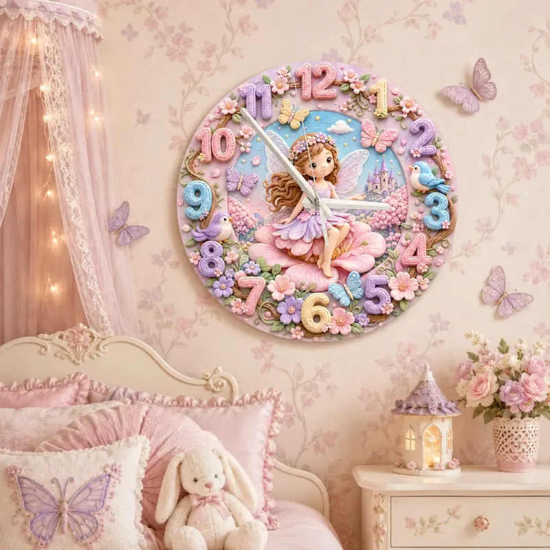 Magical Fairy Princess Kids Room Wall Clock | Enchanted Castle Floral Nursery Decor, Sweet Baby Girl Room Keepsake (13.6 inch / 34.5 cm)