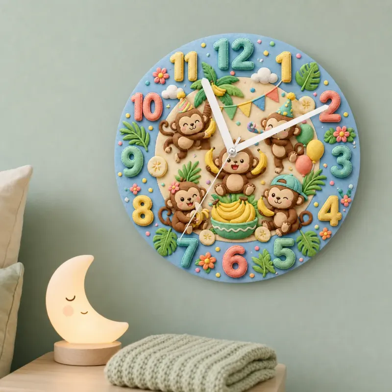Playful Jungle Monkey Kids Room Wall Clock | Safari Nursery Decor, Cute Tropical Baby Shower Gift For Boys & Girls (13.6 inch / 34.5 cm)