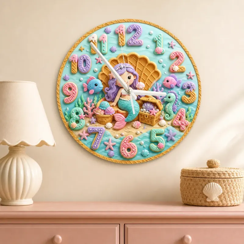 Mermaid Treasure Chest Kids Room Wall Clock | Seashell Ocean Nursery Decor, Baby Girl Birthday Gift (13.6 inch / 34.5 cm)