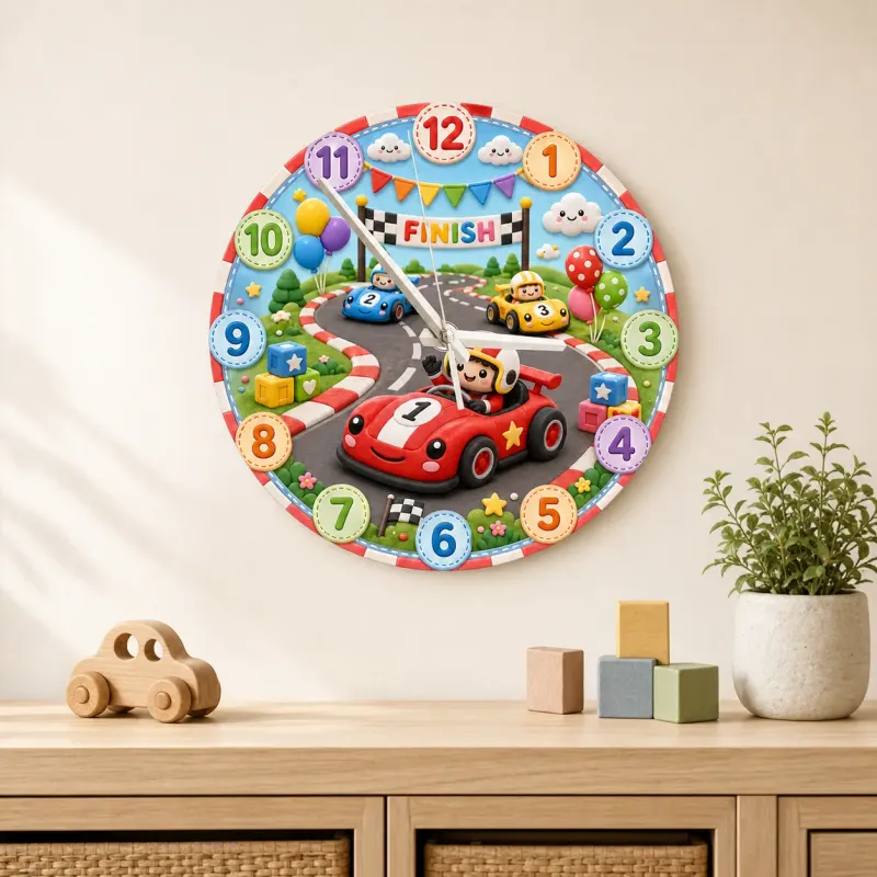 Wood Race Car Track Kids Room Wall Clock