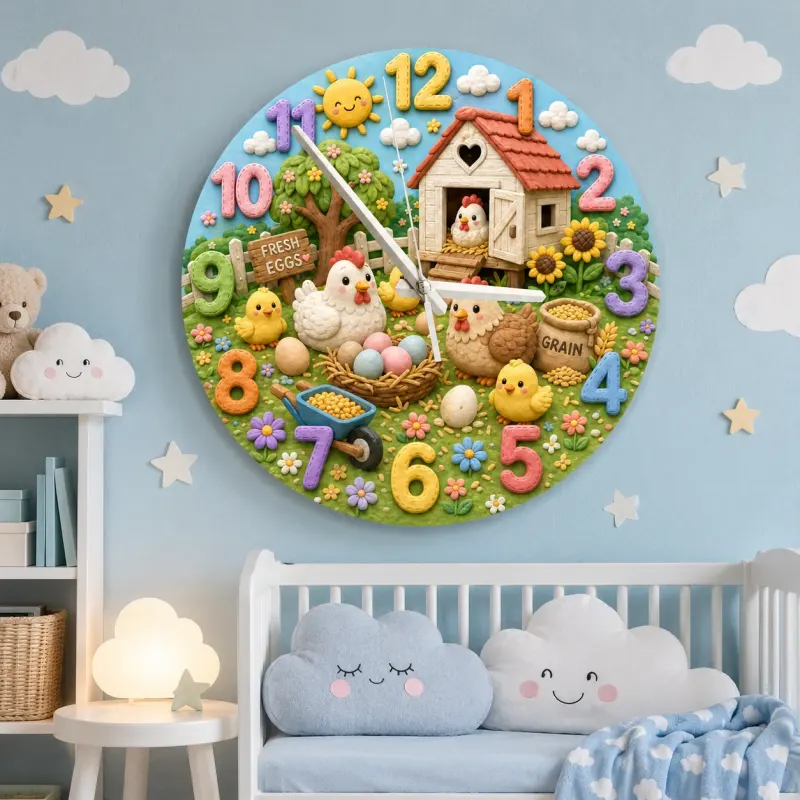 Cute Farm Chickens Kids Room Wall Clock | Baby Chick Nursery Decor, Playroom Wall Art, Sweet Birthday Gift Keepsake (13.6 inch / 34.5 cm)