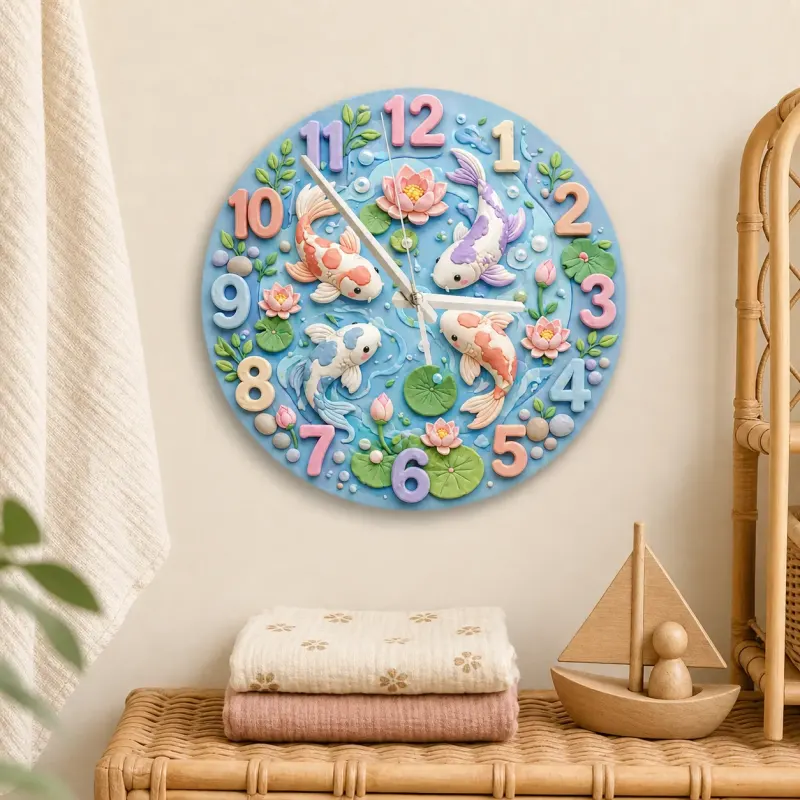 Pastel Koi Fish Pond Kids Room Wall Clock | Whimsical Lotus Flower Nursery Decor, Beautiful Baby Shower Gift Keepsake (13.6 inch / 34.5 cm)
