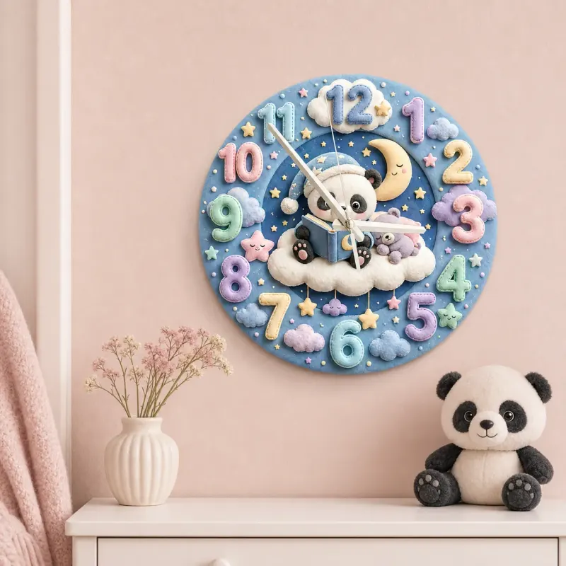 Bedtime Reading Panda Kids Room Wall Clock | Pastel Night Sky Nursery Decor, Cute Baby Shower Gift For New Parents (13.6 inch / 34.5 cm)