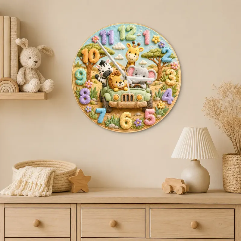 Safari Animal Jeep Kids Room Wall Clock | Jungle Nursery Decor, Safari Playroom Art, Baby Boy Shower Gift Keepsake (13.6 inch / 34.5 cm)