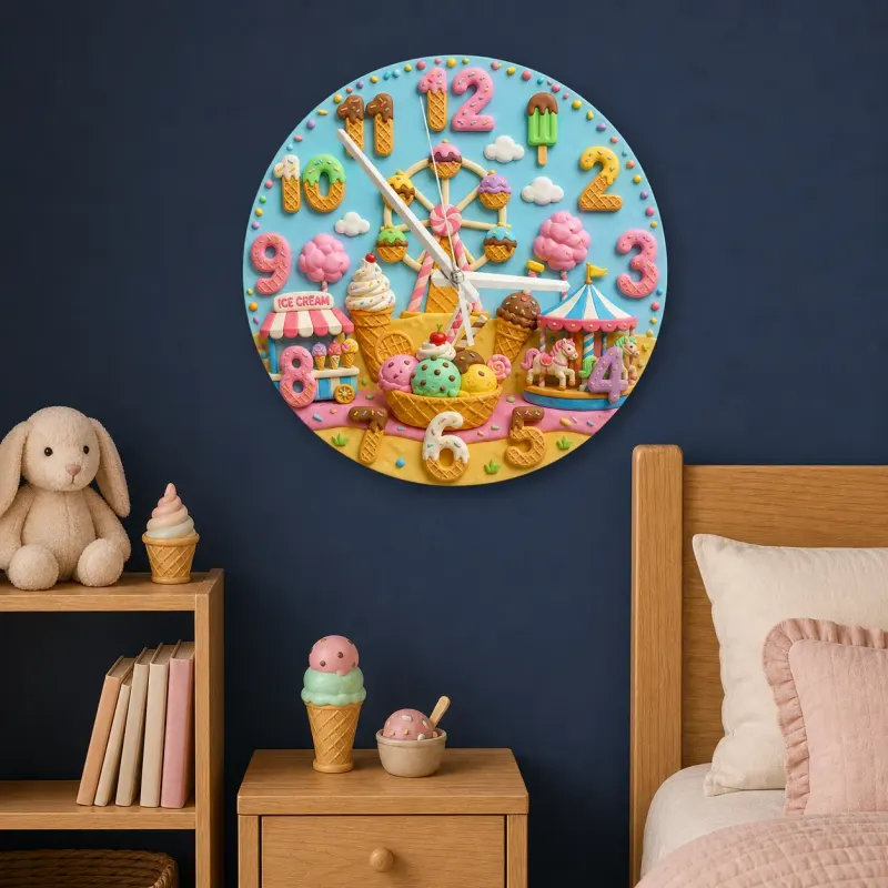 Ice Cream Carnival Kids Room Wall Clock | Pastel Fairground Nursery Decor, Sweet Birthday Gift (13.6 inch / 34.5 cm)