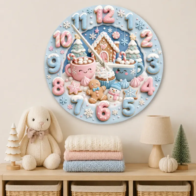 Pastel Winter Gingerbread Kids Room Wall Clock | Cute Hot Cocoa Snowman Nursery Decor, Sweet Holiday Baby Girl Gift (13.6 inch / 34.5 cm)