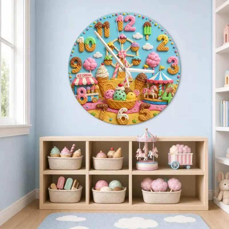 Ice Cream Carnival Kids Room Wall Clock | Pastel Fairground Nursery Decor, Sweet Birthday Gift (13.6 inch / 34.5 cm)