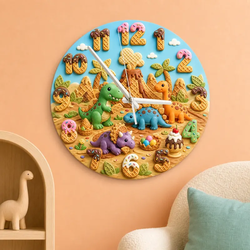 Dinosaur Ice Cream Kids Room Wall Clock | Volcano Nursery Decor, Little Boy Birthday Gift Keepsake (13.6 inch / 34.5 cm)
