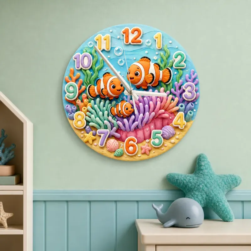Clownfish Coral Reef Kids Room Wall Clock | Vibrant Underwater Ocean Nursery Decor, Baby Shower Gift For Boy Or Girl (13.6 inch / 34.5 cm)