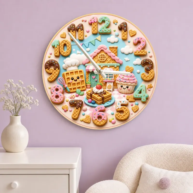 Waffle House Bakery Kids Room Wall Clock | Sweet Dessert Nursery Decor, Cute Birthday Gift For Girls (13.6 inch / 34.5 cm)
