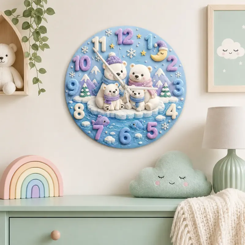Polar Bear Family Kids Room Wall Clock | Arctic Winter Wonderland Nursery Decor, Cute Baby Shower Gift For Newborn (13.6 inch / 34.5 cm)