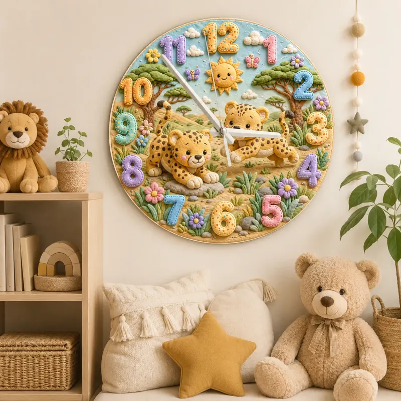 Playful Safari Cheetahs Kids Room Wall Clock | Jungle Animal Nursery Decor, Birthday Keepsake Gift For Boys & Girls (13.6 inch / 34.5 cm)