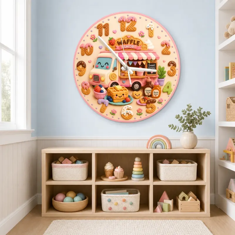 Waffle Shop Food Truck Kids Room Wall Clock | Sweet Bakery Nursery Decor, Cute Birthday Gift For Girls (13.6 inch / 34.5 cm)