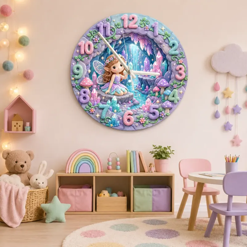 Magical Fairy and Crystal Cave Kids Room Wall Clock | Enchanted Pastel Nursery Decor, Whimsical Girls Room Gift Art (13.6 inch / 34.5 cm)