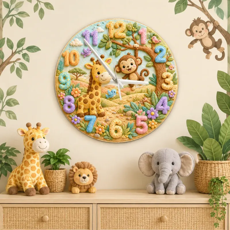 Jungle Safari Giraffe & Monkey Kids Room Wall Clock | Whimsical Animal Nursery Decor, Sweet Playroom Wall Art Gift (13.6 inch / 34.5 cm)
