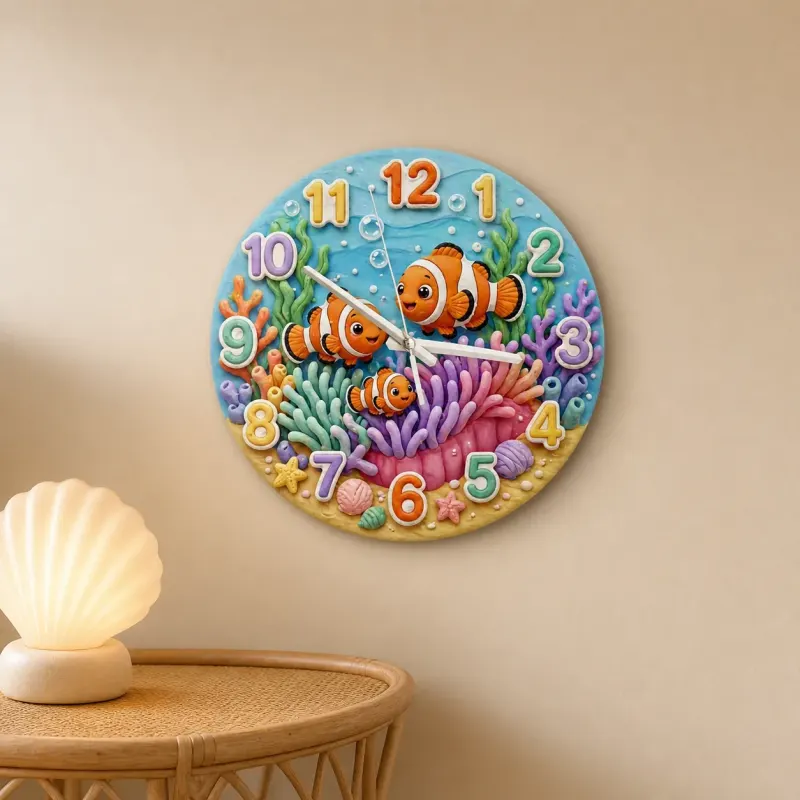 Clownfish Coral Reef Kids Room Wall Clock | Vibrant Underwater Ocean Nursery Decor, Baby Shower Gift For Boy Or Girl (13.6 inch / 34.5 cm)
