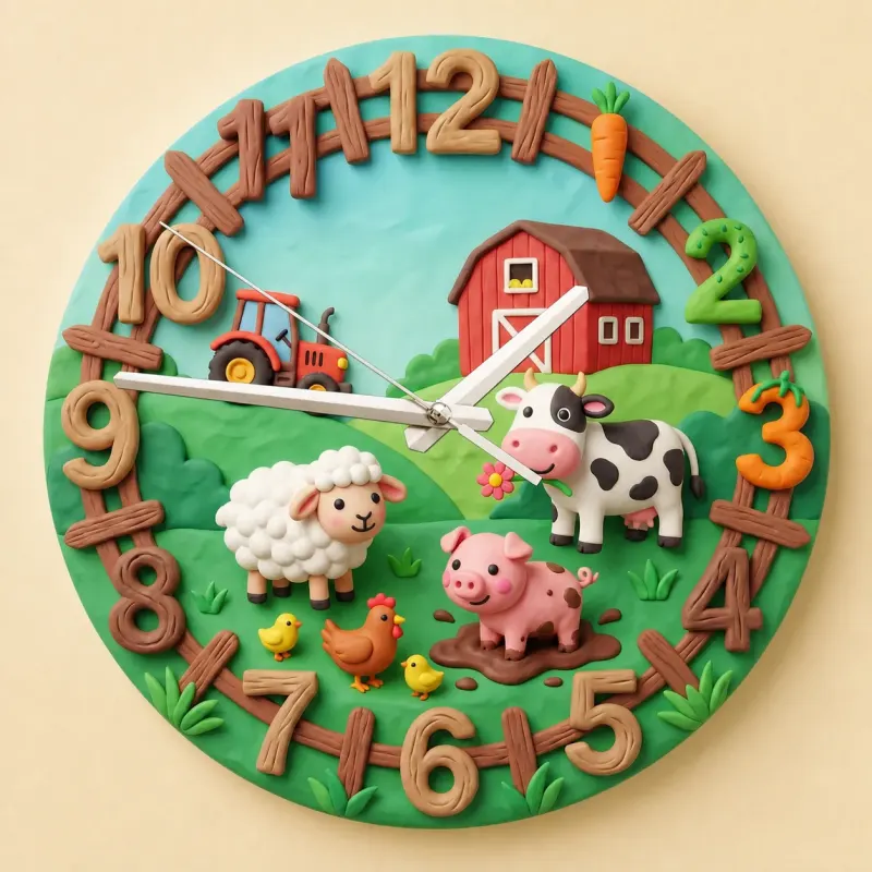 Farm Animals Barnyard Kids Room Wall Clock | Cute Red Tractor Nursery Decor, Unique Baby Boy Shower Gift Keepsake (13.6 inch / 34.5 cm)