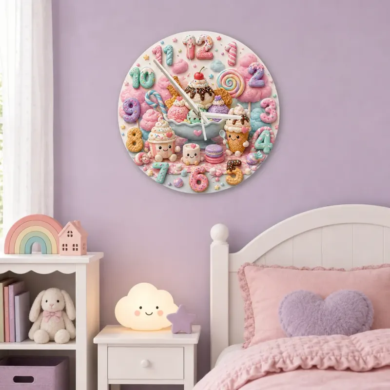 Pastel Candyland Kids Room Wall Clock | Sweet Treats Nursery Decor, Kawaii Ice Cream Girls Playroom Wall Decor Gift (13.6 inch / 34.5 cm)