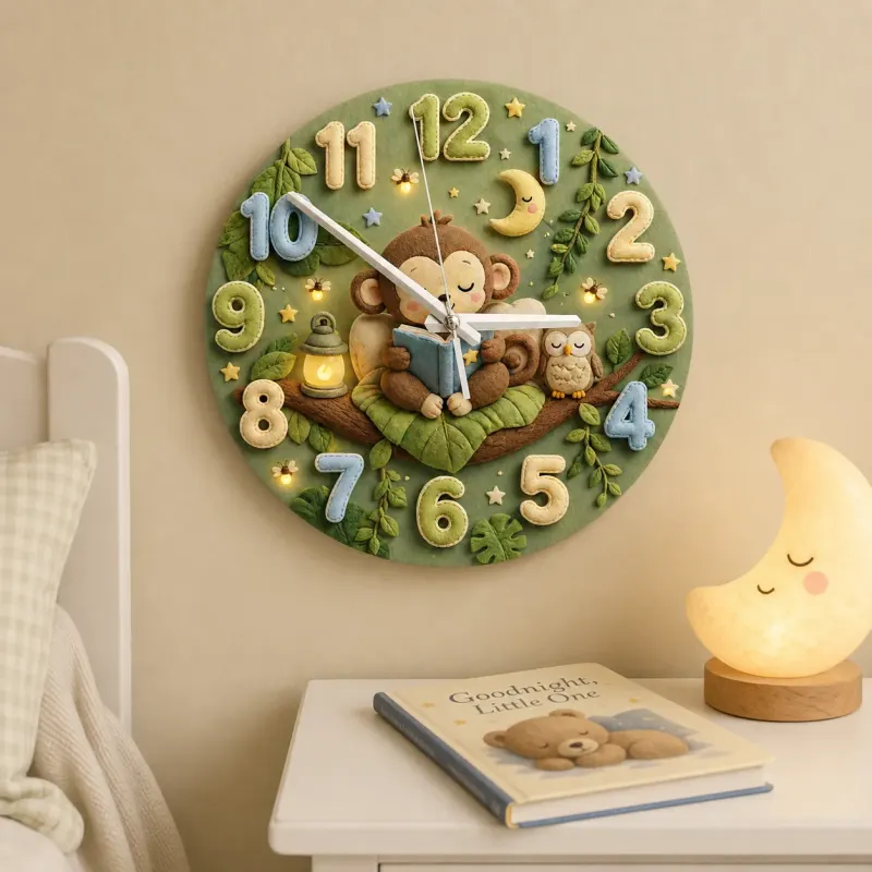 Cute Bedtime Reading Monkey Kids Room Wall Clock | Safari Jungle Nursery Decor, Baby Shower Gift For Boys & Girls (13.6 inch / 34.5 cm)