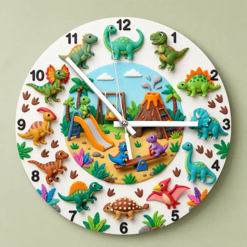 Dinosaur Playground Kids Room Wall Clock | Cute T-Rex Nursery Decor, Playroom Wall Art, Little Boy Birthday Gift Idea (13.6 inch / 34.5 cm)
