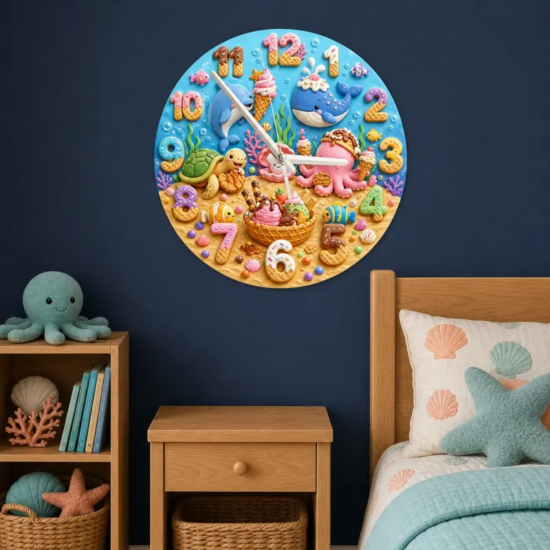 Ocean Animals Dessert Kids Room Wall Clock | Under The Sea Nursery Decor, Baby Boy Girl Birthday Gift (13.6 inch / 34.5 cm)