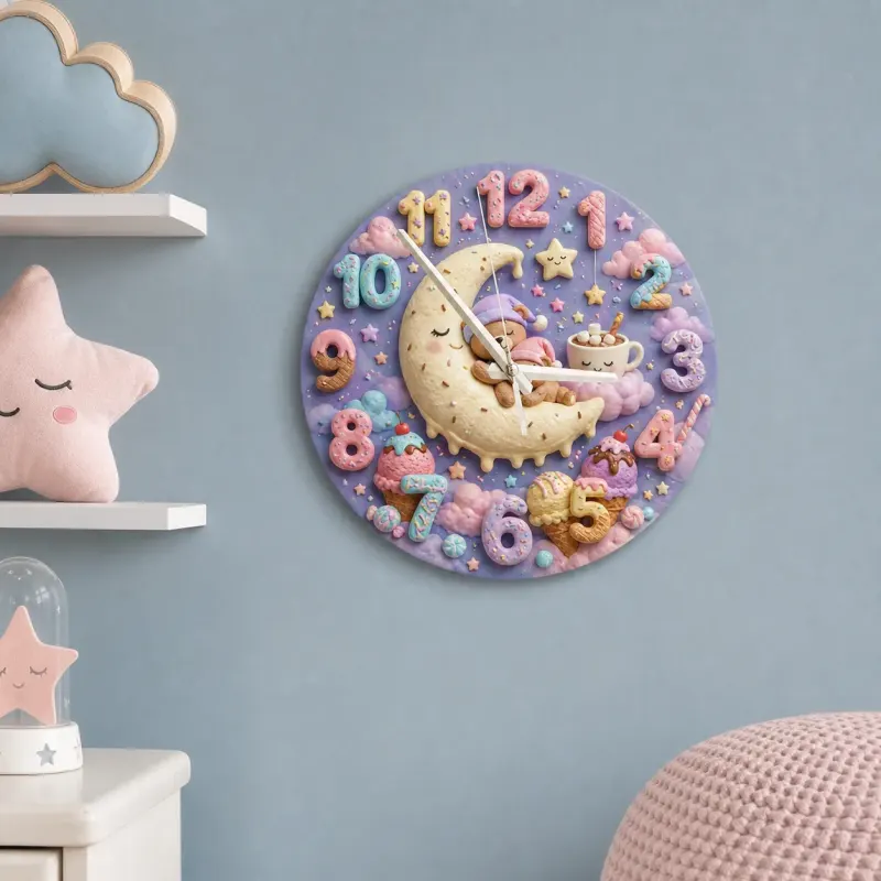 Pastel Sweet Dreams Bear Kids Room Wall Clock | Moon And Stars Whimsical Nursery Decor, Cute Baby Girl Shower Gift (13.6 inch / 34.5 cm)