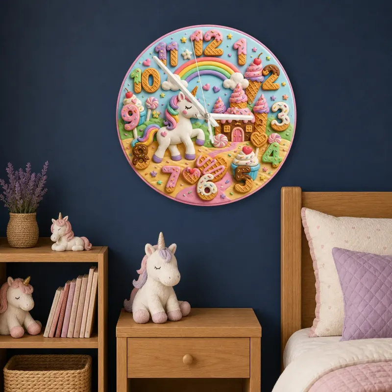 Unicorn Candy Castle Kids Room Wall Clock | Rainbow Nursery Decor, Magical Little Girl Birthday Gift (13.6 inch / 34.5 cm)