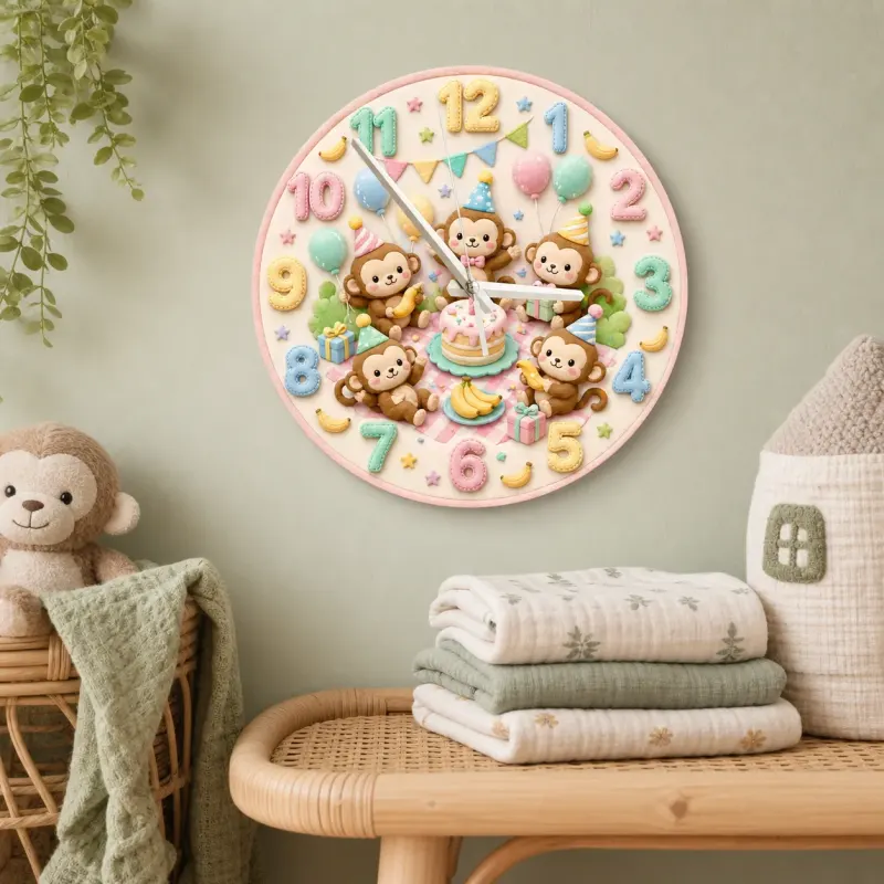 Pastel Monkey Birthday Kids Room Wall Clock | Cute Safari Animal Nursery Decor, Sweet Baby Shower Gift For Children (13.6 inch / 34.5 cm)