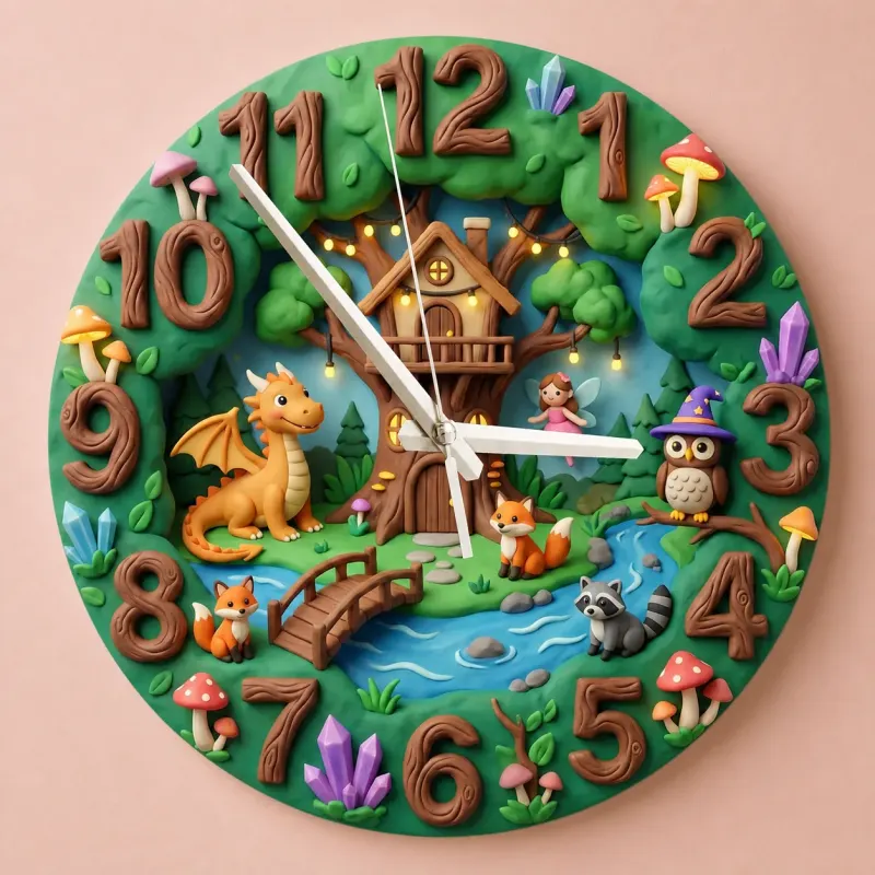 Enchanted Forest Dragon Fairy Kids Room Wall Clock | Magical Woodland Nursery Decor, Baby Boy And Girl Birthday Gift (13.6 inch / 34.5 cm)