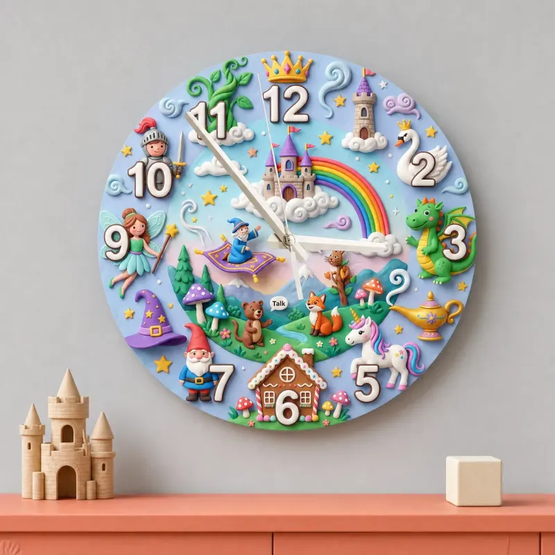 Magical Fairytale Kids Room Wall Clock | Castle Dragon Unicorn Nursery Room Decor, Birthday & Baby Shower Keepsake (13.6 inch / 34.5 cm)