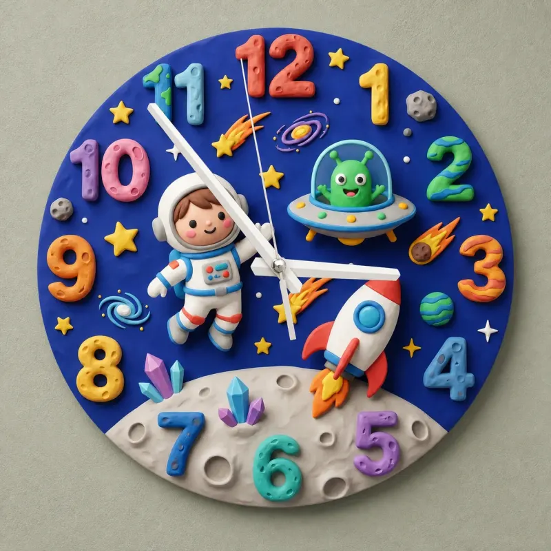 Outer Space Astronaut Kids Room Wall Clock | Alien Rocket Nursery Decor, Baby Boy Bedroom Birthday Gift Idea Keepsake (13.6 inch / 34.5 cm)