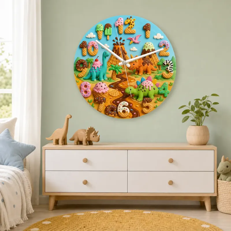 Dinosaur Volcano Kids Room Wall Clock | Candyland Nursery Decor, Little Boy Birthday Gift Keepsake (13.6 inch / 34.5 cm)