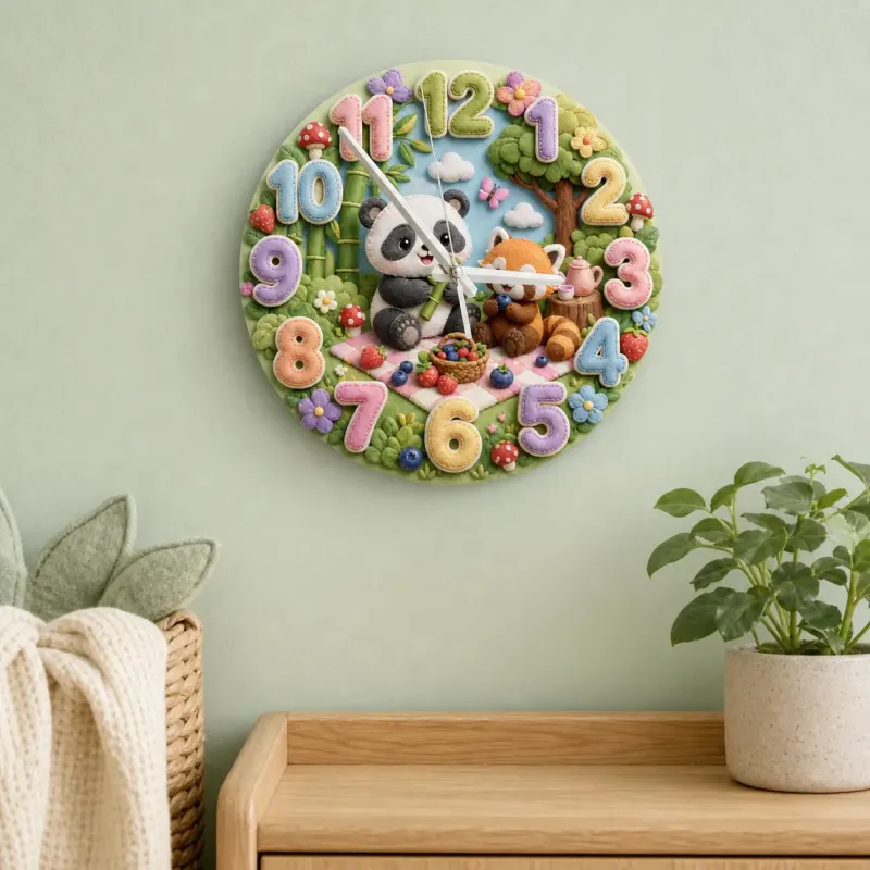 Woodland Panda & Red Panda Picnic Kids Room Wall Clock | Cute Forest Animal Nursery Decor, Baby Shower Gift Keepsake (13.6 inch / 34.5 cm)
