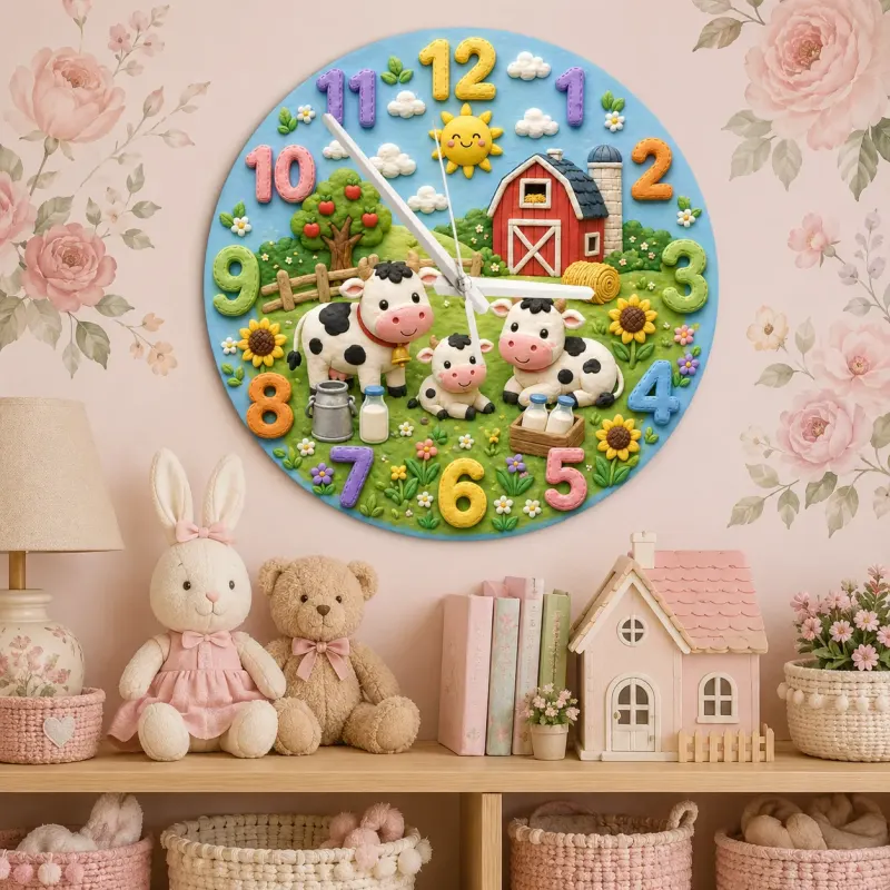 Farm Animal Cow Family Kids Room Wall Clock | Rustic Red Barn Nursery Decor, Baby Shower Gift For Boys And Girls Room (13.6 inch / 34.5 cm)