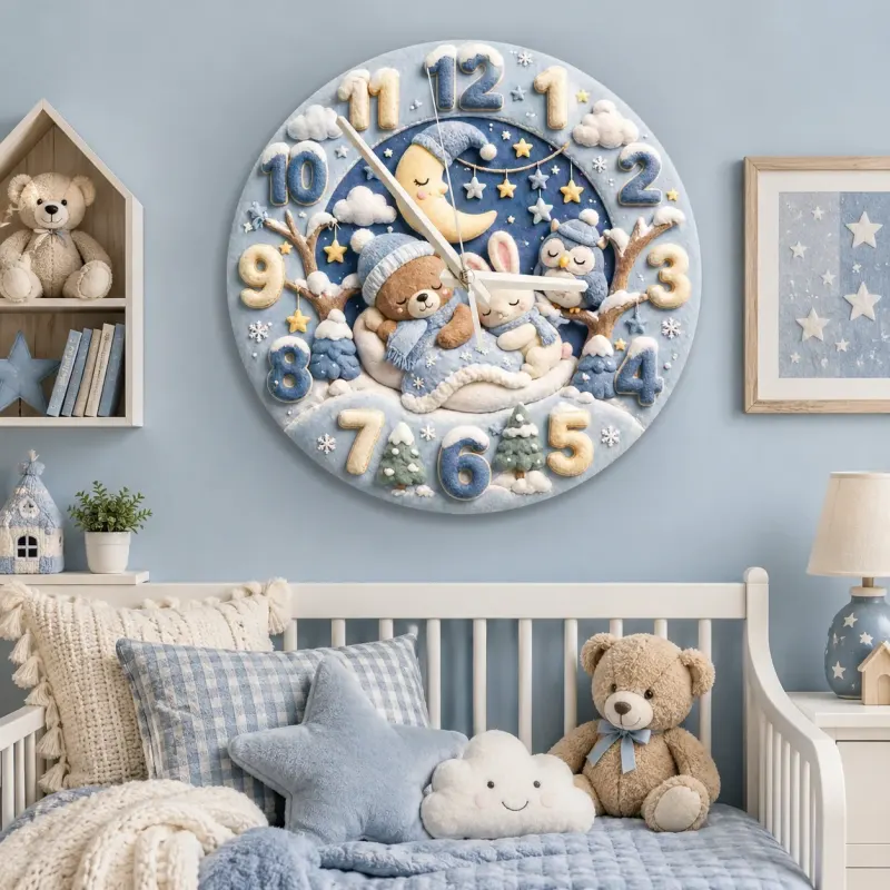 Sleepy Winter Bear & Bunny Kids Room Wall Clock | Blue Night Sky Nursery Decor, Sweet Baby Boy Shower Gift Keepsake (13.6 inch / 34.5 cm)