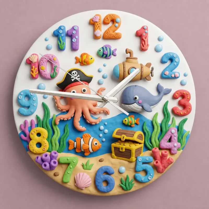 Pirate Octopus Under The Sea Kids Room Wall Clock | Ocean Theme Nursery Decor, Baby Boy Bedroom Birthday Keepsake (13.6 inch / 34.5 cm)